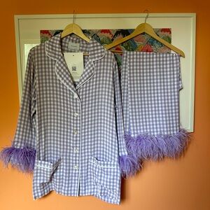 XL Sleeper Pajamas in lavender gingham with feathers